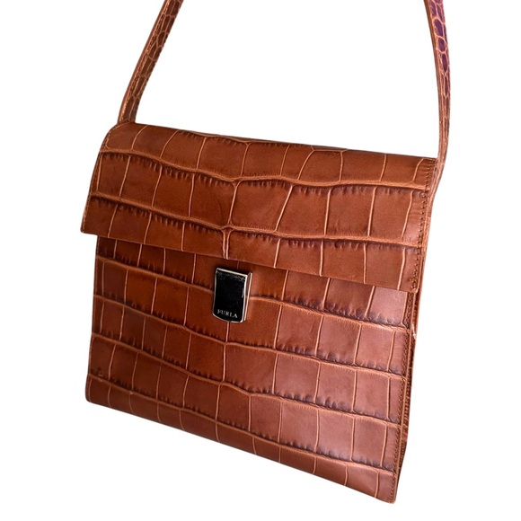 NEW Furla Crocodile Flap Bag British Tan Embossed Leather Italian Shoulder Bag - Picture 8 of 17